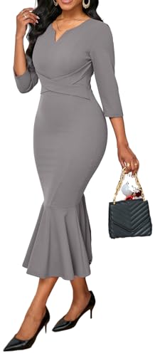 Image of VisiChenup Elegant Dress for Women V Neck Long Sleeve Midi Fishtail Dress | Elegant Dress for Women Long Sleeve Wedding Guest Cocktail Bodycon Dresses with Zipper