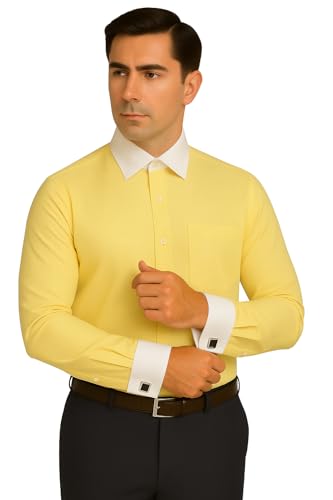 Image of Men's Premium Cotton Formal Dress Shirt - White Collar & French Cuffs with Cufflinks | Solid White, Micro Check & Striped for Office, Wedding