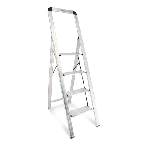 Oxeo - Escabeau ultra mince & ultra léger 100% aluminium - 4 marches - 5,5cm d'épaisseur