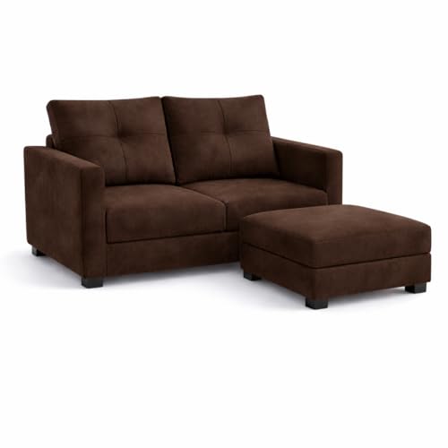 Image of FURNY Heritage 2 Seater Fabric Sofa Set with 1 Ottoman (Dark Brown) with Velvet Finish | Durable Comfort | Ideal for Living Room.