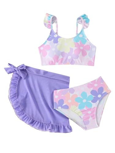 Image of MakeMeChic Girl's 3 Piece Bikini Set Floral Scoop Neck Ruffle Bathing Suit with Cover Up Skirt Mauve Purple 9Y