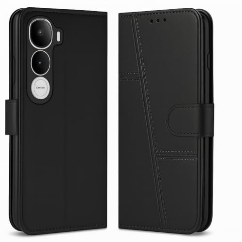 Image of for Vivo Y400 Pro 5G Flip Cover Leather Finish | Inside TPU with Card Pockets | Wallet Stand | Complete Protection Flip Case Black