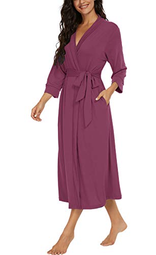 Image of VINTATRE Robes for Women Long Knit Bathrobe XS-4XL | 3 /4 Sleeve Bathrobes with Pockets, Stretchy and Lightweight Fabric, Inner Tie and Fixed Outer Belt, Mid Calf Length