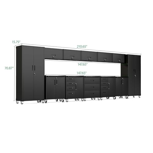 Image of 12-Piece Heavy Duty Steel Garage Cabinet System | All-in-One Modular Garage Cabinet Set for Ultimate Workshop Organization | Easy Assembly Garage Storage Cabinets & Tool Bench (Black)