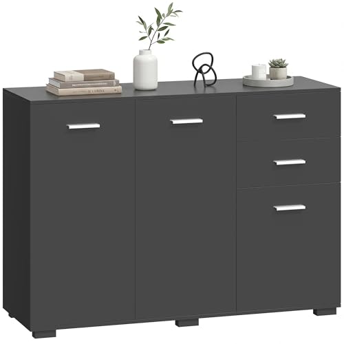 Image of HOMCOM Sideboard, Modern Storage Cabinet with 2 Drawers, 3 Doors and Adjustable Shelves, Kitchen Cabinet for Living Room, Dining Room, Black