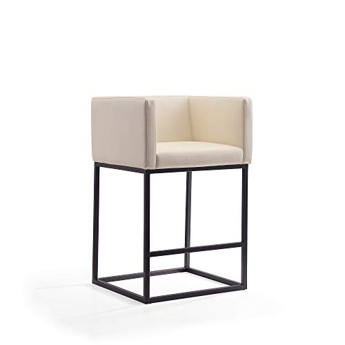 Butaco Manhattan Comfort Embassy 25 Pulgadas con Respaldo, Asiento Acolchado de Cuero Vegano, Reposabrazos, Patas Metálicas Resistentes con Reposapiés, Juego de 2, Crema miniatura 4