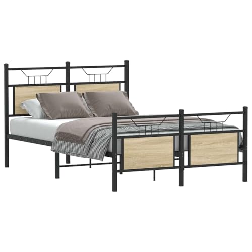 QZZCED Estructura de Cama Sonoma de Roble 120x190 cm con Cabecero y Somier de Láminas, Base Metálica Estable y Espacio de Almacenamiento, Diseño Acogedor y Duradero para Dormitorio