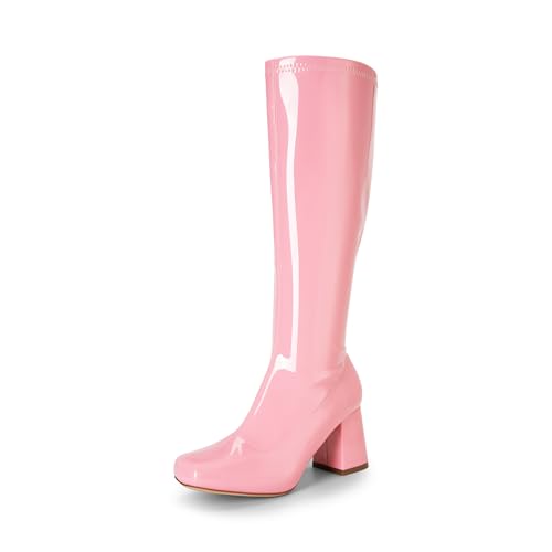 DREAM PAIRS Women's Gogo Boots Square Toe Chunky Wide Calf Knee High Boots,Size 6,Pink-Pat,SDKB2231W