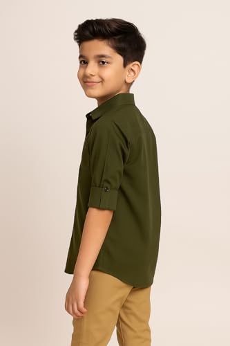 Image of Boys Kids Olive Green Cotton Shirt, Long Roll-Up Sleeves, Party, Age 2-5 Years