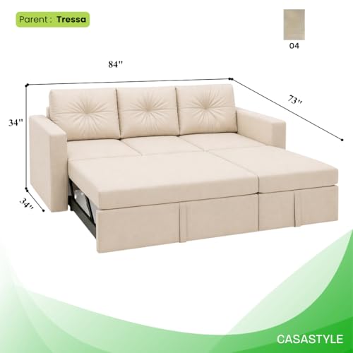 Image of FURNY Tira 4 Seater RHS Lounger Sofa Cum Bed (Cream) with Pull-Out Function | Luxury Velvet Suede Finish | Durable Comfort | Ideal for Living Room