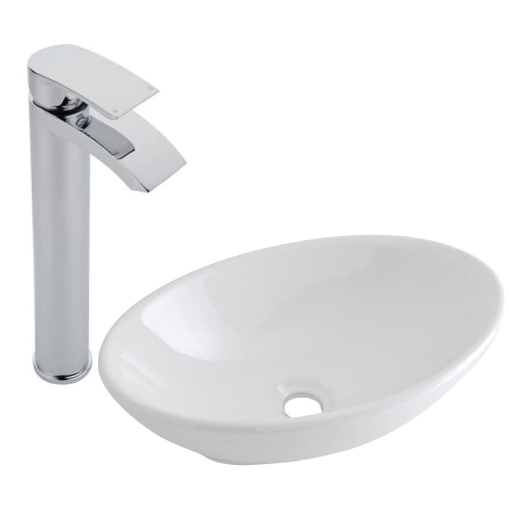 Milano White Altham Oval Countertop Bathroom Basin Sink High Rise Mono Mixer Tap - 520Mm X 320Mm