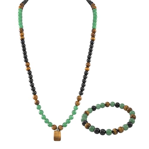 Money Attraction Necklace With Green Aventurine and Tiger Eye Pendant,8mm Black Obsidian Protection Beaded Long Chain, Feng Shui Good Luck Wealth Healing Stone Jewelry Gift for Men Women (1PCS)