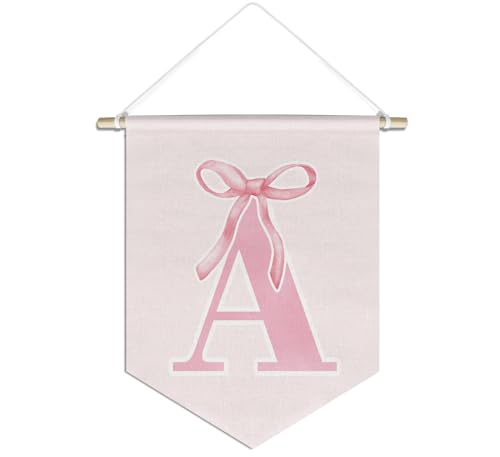 Image of foedor initial Personalized Preppy Canvas Hanging Pennant Flag Banner, Coquette Pink Bow Teen Girl Gifts,Trendy Cute Monogrammed Gifts Wall Decor for Women Teen Girl Nursery bedroom(A)