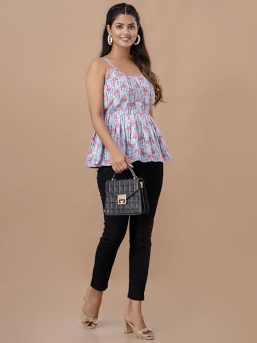 Image of feranoid Women Cotton Printed Sleeveless Strap Peplum Top