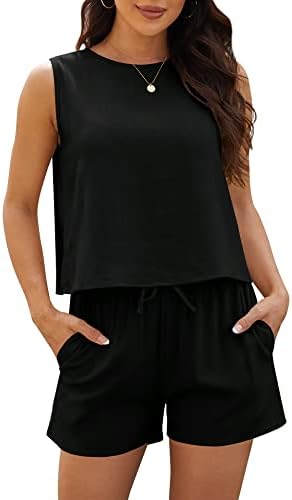 ANGGREK 2 Piece Outfits for Women Summer Sleeveless Crop Tank Top ang High Waisted Shorts with Pockets Loose Casual Short Set ANGGREK 2 Piece Outfits for Women Summer Sleeveless Crop Tank Top ang High Waisted Shorts with Pockets Loose Casual Short Set