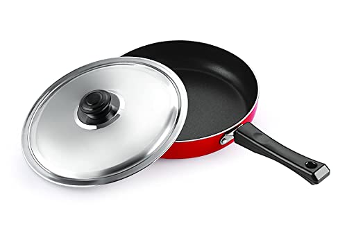 Image of NIRLON Aluminium Non Stick Gas Friendly Frying Pan with Stainless Steel Lid-28cm, 3.2 Litre (Red)