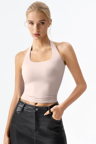 Image of QINSEN Womens Halter Top Double Lined Tank Top Sleeveless Open Back Slim fit Going Out Tops