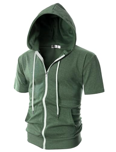 Ohoo Mens Slim Fit Zip up Hoodie Cotton Blend Soft Fabric Short Sleeve Lightweight Comfy Basic Jacket with Kanga Pocket product thumbnail 12