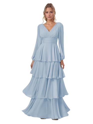 ALFEICE Women's Long Sleeve Tiered Bridesmaid Dresses 2025 V Neck Chiffon Long Formal Wedding Guest Dress