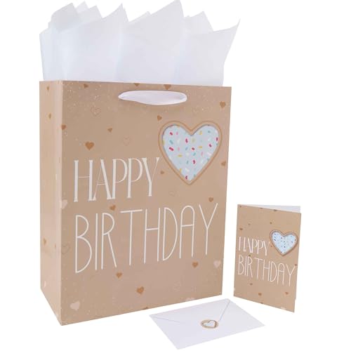 Juego de bolsas de regalo de cumpleaños grandes de 13 pulgadas con asas, tarjeta de felicitación, papeles de seda verdes y calcomanías para mujeres, niñas, hombres, niños, adolescentes, diseño de