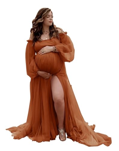 Verngo Rust Off Shoulder Maternity Dress for Photoshoot Elegant Long Puffy Sleeve Tulle Maxi Pregnancy Gown Baby Shower Dresses 2XL