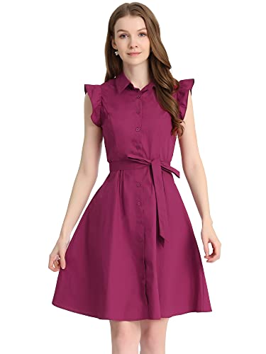 Image of Allegra K Women's Ruffled Sleeve Casual Office Dress Tie Waist Button Down Cotton Shirt Dresses