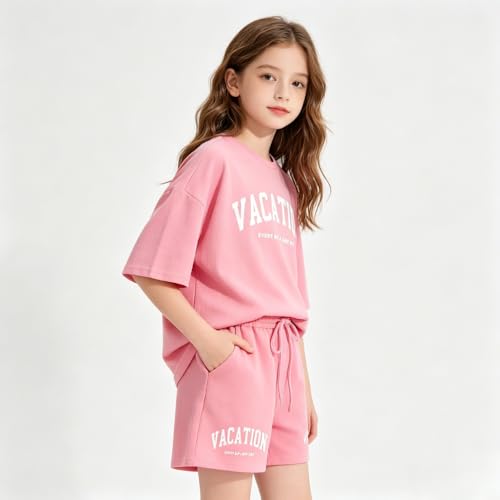 Image of Size 6-12 Years Girl's Tracksuit Sets 2 Piece Outfits Letter Print Vacation Tee Top and Drawstring Waist Shorts