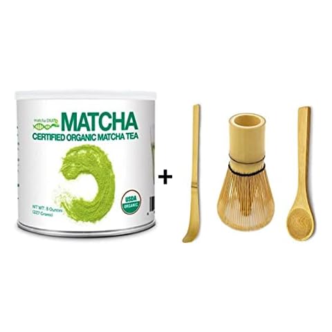 MATCHA DNA Certified Organic Matcha Green Tea Powder (8 oz TIN CAN) & amboo Matcha Whisk with Bamboo Spoon and Hooked Bamboo Scoop (Chashaku) Cover