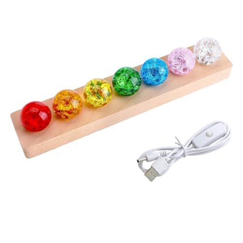DONGKER Lot de 7 Boules de Cristal Colorées,Effet Glace Craquelée,avec Socle en Bois et LED,pour la Décoration du Salon Ou de la Chambre