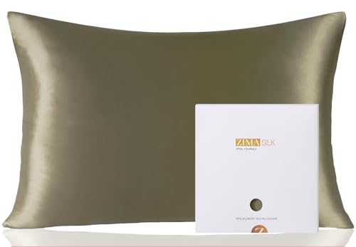 ZIMASILK 100% Pure Mulberry Silk Pillowcase for Hair and Skin Health,Soft and Smooth,Both Sides Premium Grade 6A Silk,600 Thread Count,with Hidden Zipper,1pc (Queen 20''x30'',Olive Grey)