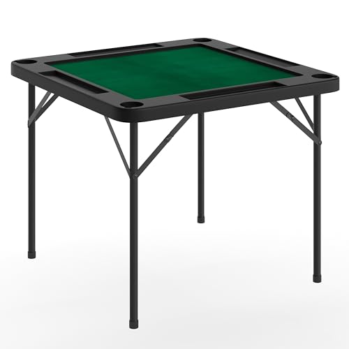 Flash Furniture Silas 34.5 Square Folding Card Table with Green Felt Playing Surface and Cup Holders Portable Folding Game Table for 4 Players Black/Green