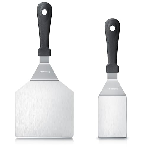 Arendo - Burger Set XXL - 1 x Grillspachtel - 1 x Pfannenwender - 1 x Burgerpresse - 2 x Schmelzkuppeln – Edelstahl – hitzebeständig geschmacksneutral lebensmittelecht - Bürger und Smash Bürger