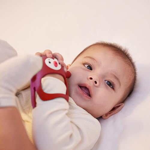 Image of Penguin Buddy Never Drop Silicone Baby Teething Toy for 0-6month Infants, Baby Chew Toys for Teething Pain Relief, Hand Teether for 3-6Months,Gum Massager for Babies (Red)
