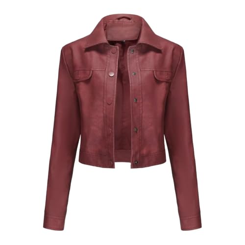 Women's Cropped Faux Leather Bomber Jacket Turn-Down Collar Flap Pocket Snap Retro Shape Coat
