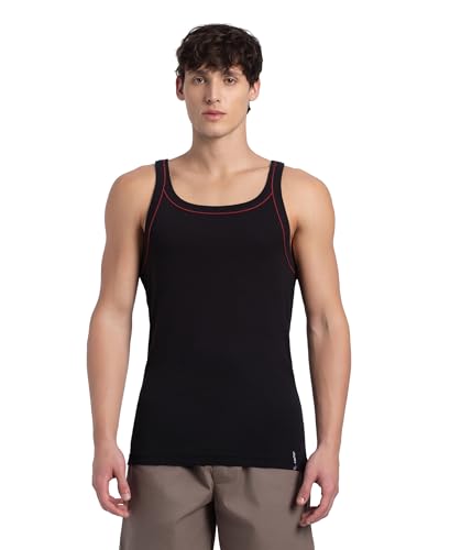 Image of Jockey US54 Men's Super Combed Cotton Rib Square Neckline Gym Vest with Back Panel Graphic Print (Shoulder Starp Color May Vary)