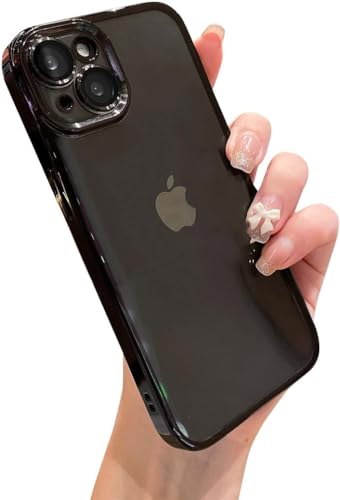 Image of VONZEE Transparent Cover Compatible with iPhone 14 Case 6.1 inch, Luxury Electroplated Soft Edge Bumper Case, Full Camera Protection & Reinforced Corners Shockproof Case Cover,Black