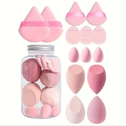 Esponja maquillaje 14 Pcs. sin latex para todo tipo de cosmético liquido y crema, incluye diferentes tipos y tamaños de esponjas y soplos de polvo. (ROSA)