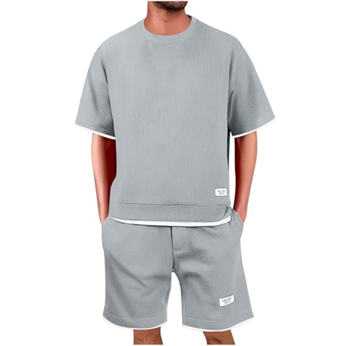 Completo Sportivo Uomo Estivo Completa Eleganti Due Pezzi Waffle Maglietta a Maniche Corte + Pantaloni Corti Largo Set Casual in Cotone Morbido e Comodi Completo da Ginnastica con Scollo Tondo