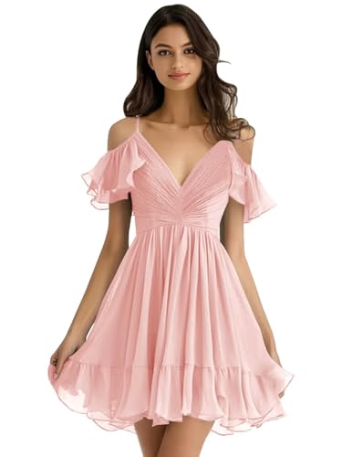 Short Chiffon Bridesmaid Dresses with Ruffles and Off-the-Shoulder Sleeves