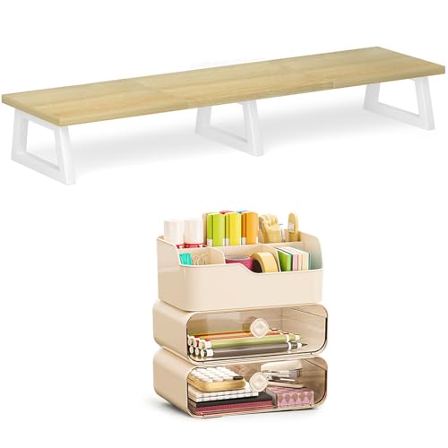 TEAMIX Dual Monitor Stand with Plastic Drawer Organizer Monitor Stand with Drawer for 2 Monitors Maple