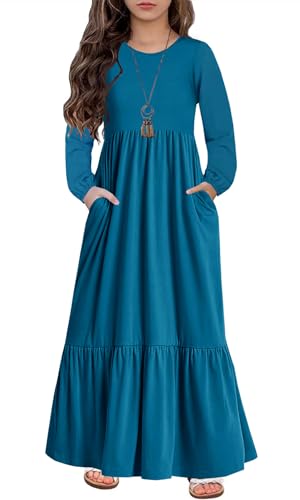 HOSIKA Girls Maxi Dress Lantern Long Sleeve Loose Flowy Tiered Casual Holiday Dresses with Pockets for 6-12 Y