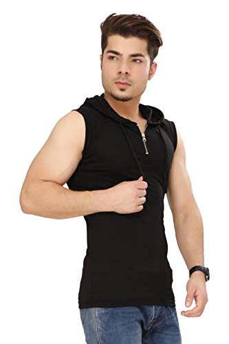 Image of Men's Solid Half Zipper Hooded Sleeveless T-Shirt