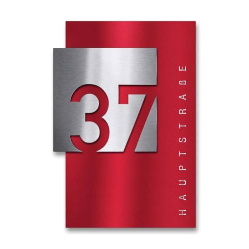 Metzler Hausnummer Edelstahl, individuelles Hausnummernschild in Rubinrot RAL3003, Straßenschild mit Hausnummer, V2A-Edelstahl, rostfrei, gebürstet, 3D-Effekt, Made in Germany, Maße: 21x30 cm