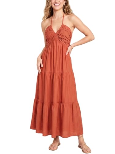 Image of Women's Casual Halter Tiered Vacation Maxi Dress with Pockets