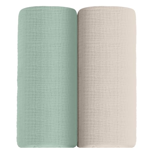 Image of meowcards Muslin Swaddle Blankets for Baby, Unisex Baby Boys Girls Essentials, Large 47 x 47 inches, Boho Receiving Blankets Newborn Registry Must Haves (Beige & Sage, Printed)
