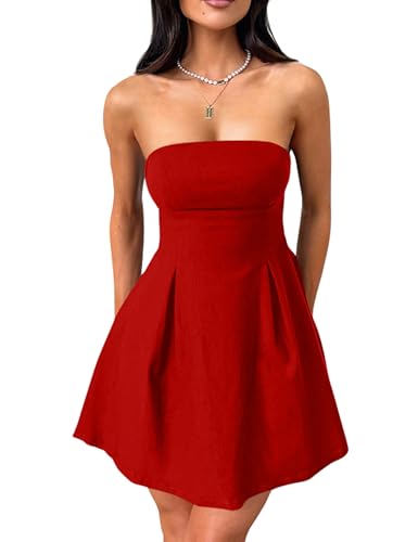 Image of YMDUCH Women's Sexy Sleeveless Strapless Bow Tie A Line Party Club Short Mini Dress Red