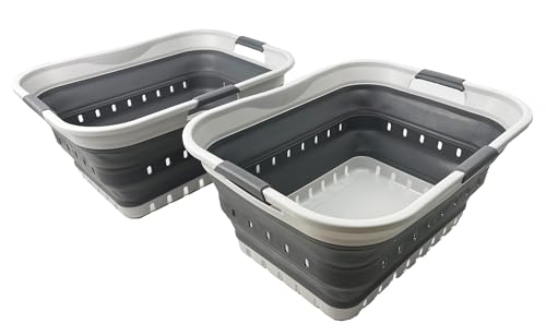 Image of SAMMART 42L (11 gallon) Collapsible Plastic Laundry Basket - Foldable Pop Up Storage Container /Organizer - Portable Basket - Space Saving Hamper /Basket (2, Grey /Steel Grey)