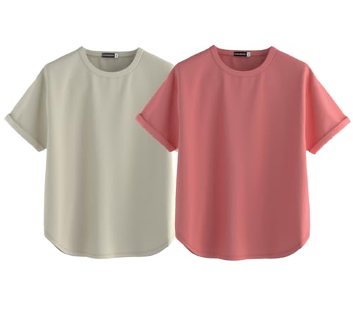 Image of JUNEBERRY Pure 100% Cotton Oversized Loose Baggy Fit Round Neck with Drop Shoulder Half Sleeves Boyfriend T-Shirt Combo for Women & Girls (Pack of 2)