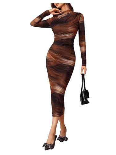 Amazon.com: Floerns Women's Tie Dye Sheer Mesh Long Sleeve Ruched Mock Neck  Bodycon Midi Dress Brown X-Small : Clothing, Shoes & Jewelry