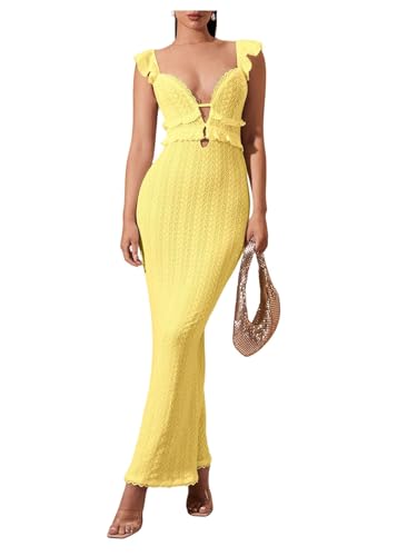 Image of SOLY HUX Women's Maxi Dress Crochet Ruffle Sleeveless Backless Bodycon Long Dresses